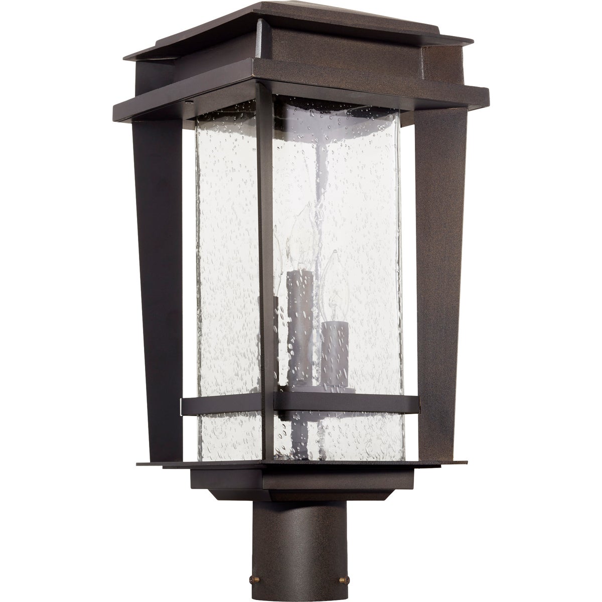 Bronze outdoor post light with a glass shade, adding mid-century modern flair to your home's exterior. Crafted for damp or wet environments, this durable metal fixture is safe outside.