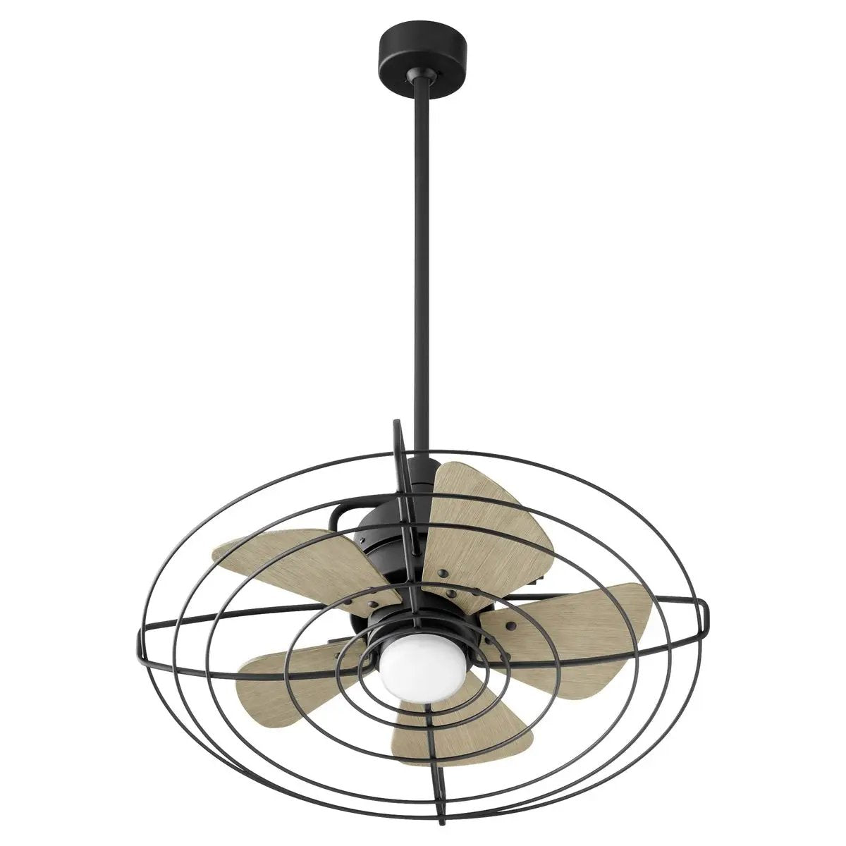 A modern twist on a classic design, this caged ceiling fan with light is perfect for small and mid-sized spaces. Damp-listed for outdoor covered areas. Elevate your space with this Quorum International 5-blade fan.