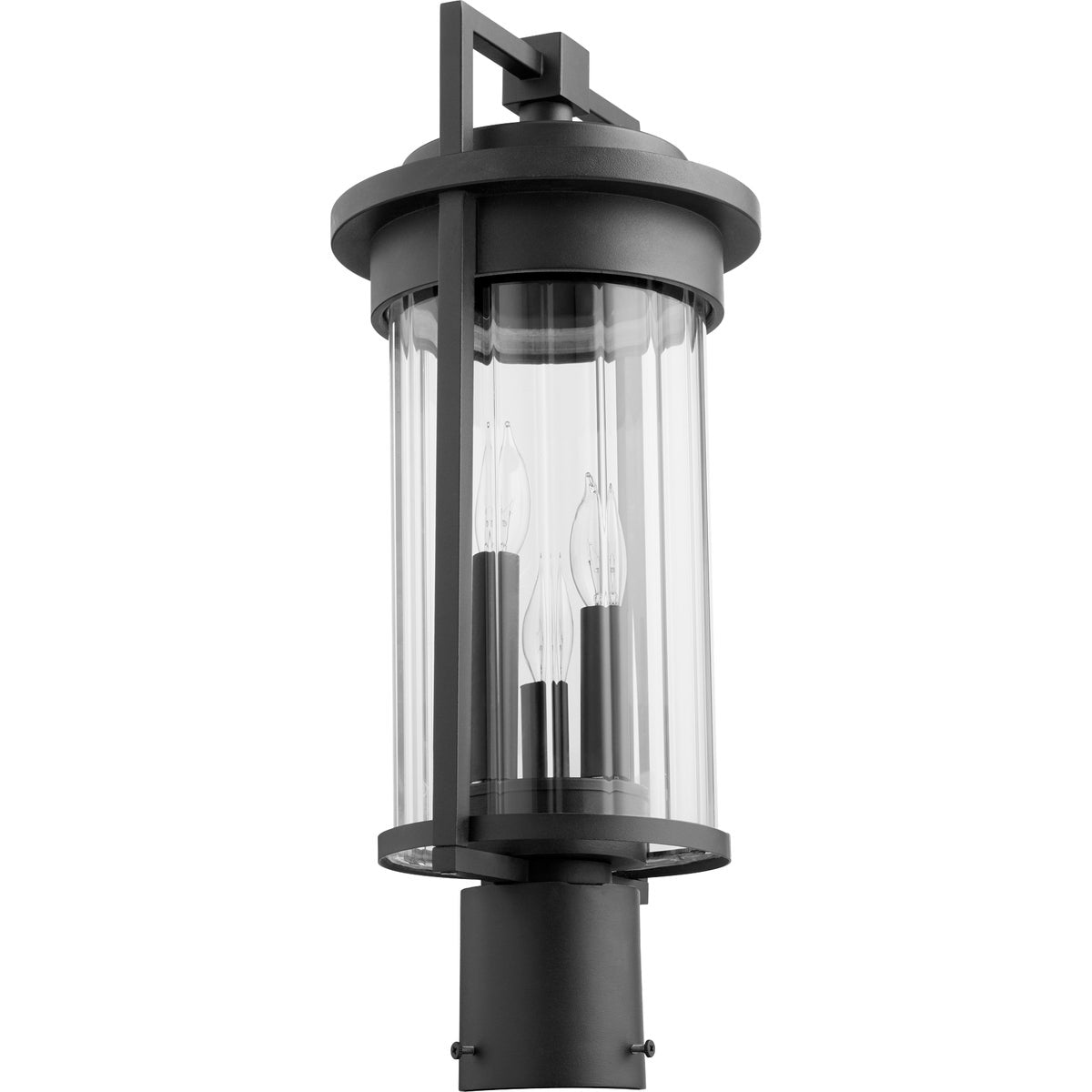 Contemporary Outdoor Post Light with clear glass shade, metal construction, and clean lines. Wet location rated. 40W, 120V, 3 bulbs (not included). 8.5"W x 19.5"H. UL Listed. 2-year warranty.