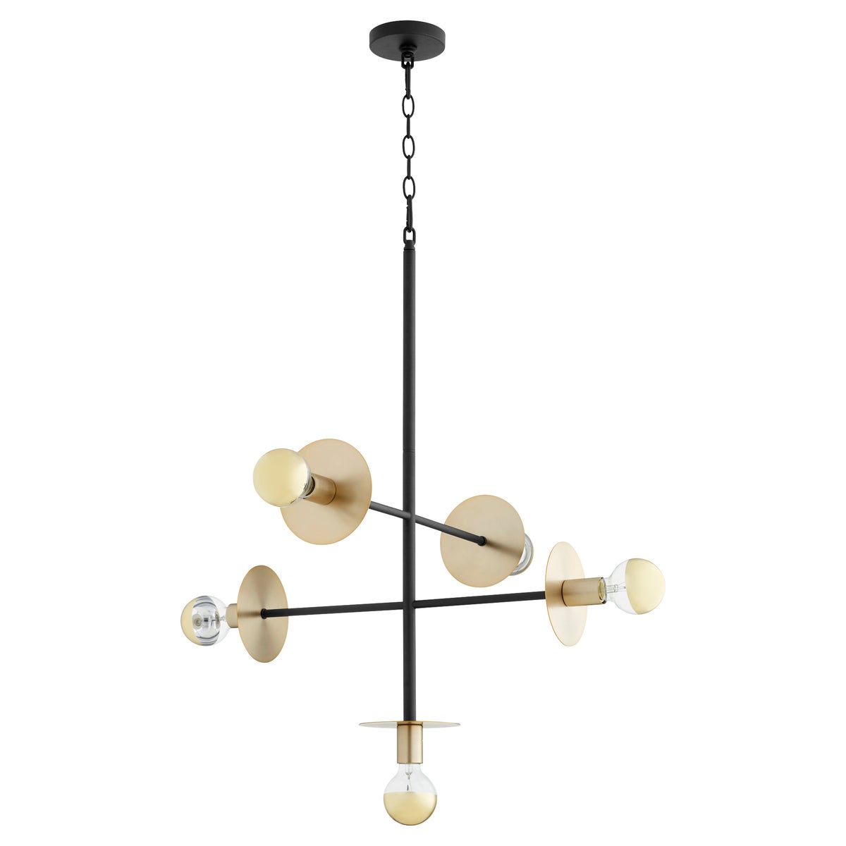 Contemporary pendant light with gold circles and light bulbs, providing multi-directional radiance. Two-toned design in noir and aged brass finishes. Damp Listed for indoor/outdoor installation. 18.5&quot;W x 24&quot;H.