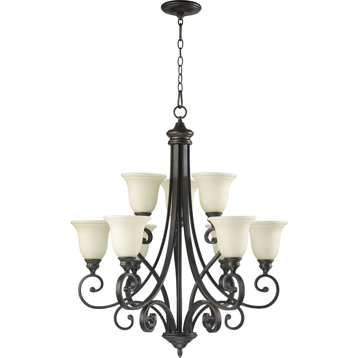 Foyer Chandelier with White Glass Shades, Curvaceous Arms, and Symmetrical Balance. Celebrate timeless lighting design with this luxury Quorum International fixture. Perfect for traditional and transitional spaces. 31"W x 36.25"H. 2-Year Warranty. UL Listed for Dry Locations. 9 Medium E26 Bulbs (60W, not included). Dimmable.