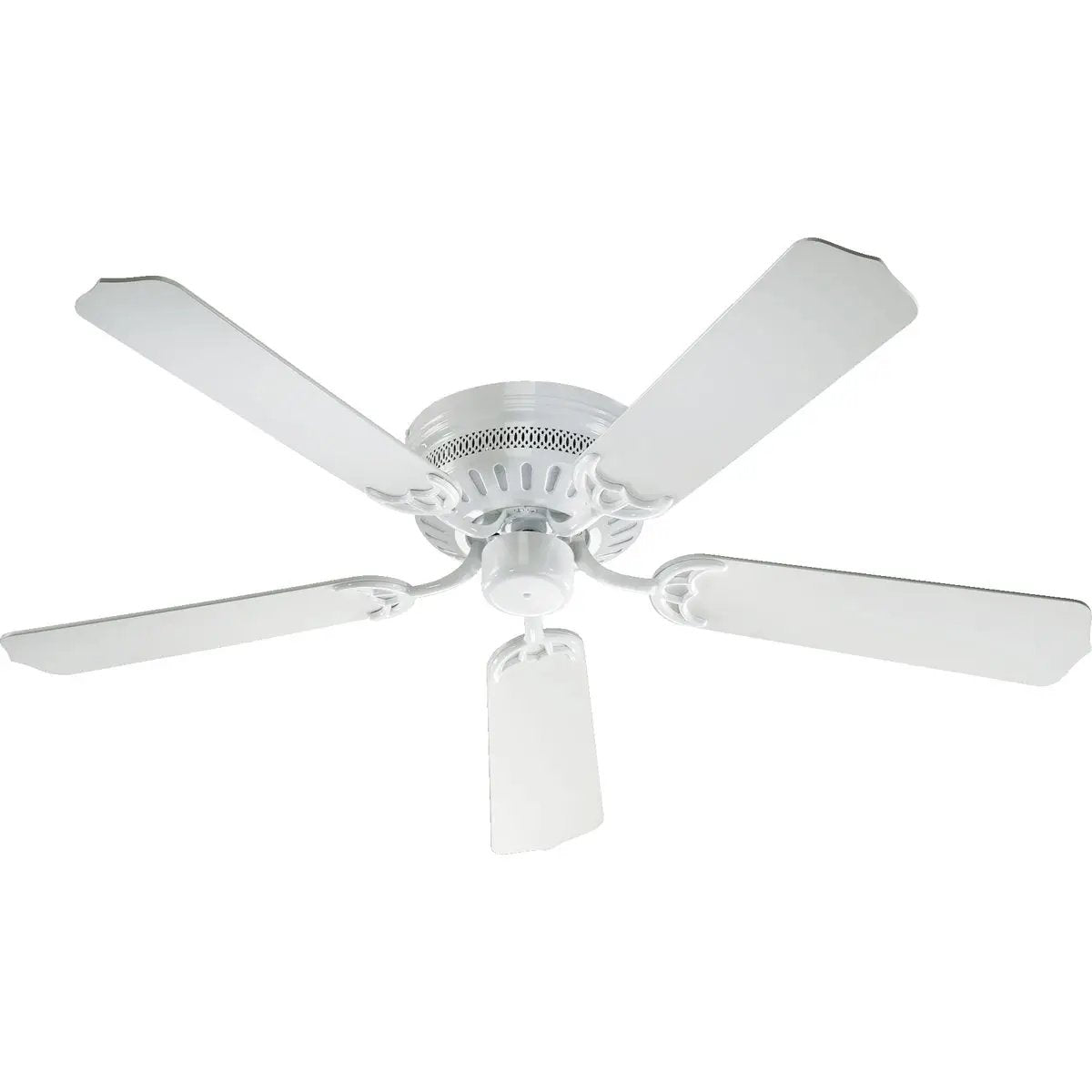 A low-profile Hugger Ceiling Fan with 4 blades, providing powerful circulation. Available in antique brass, satin nickel, and white finishes. Perfect for indoor areas with limited ceiling height.