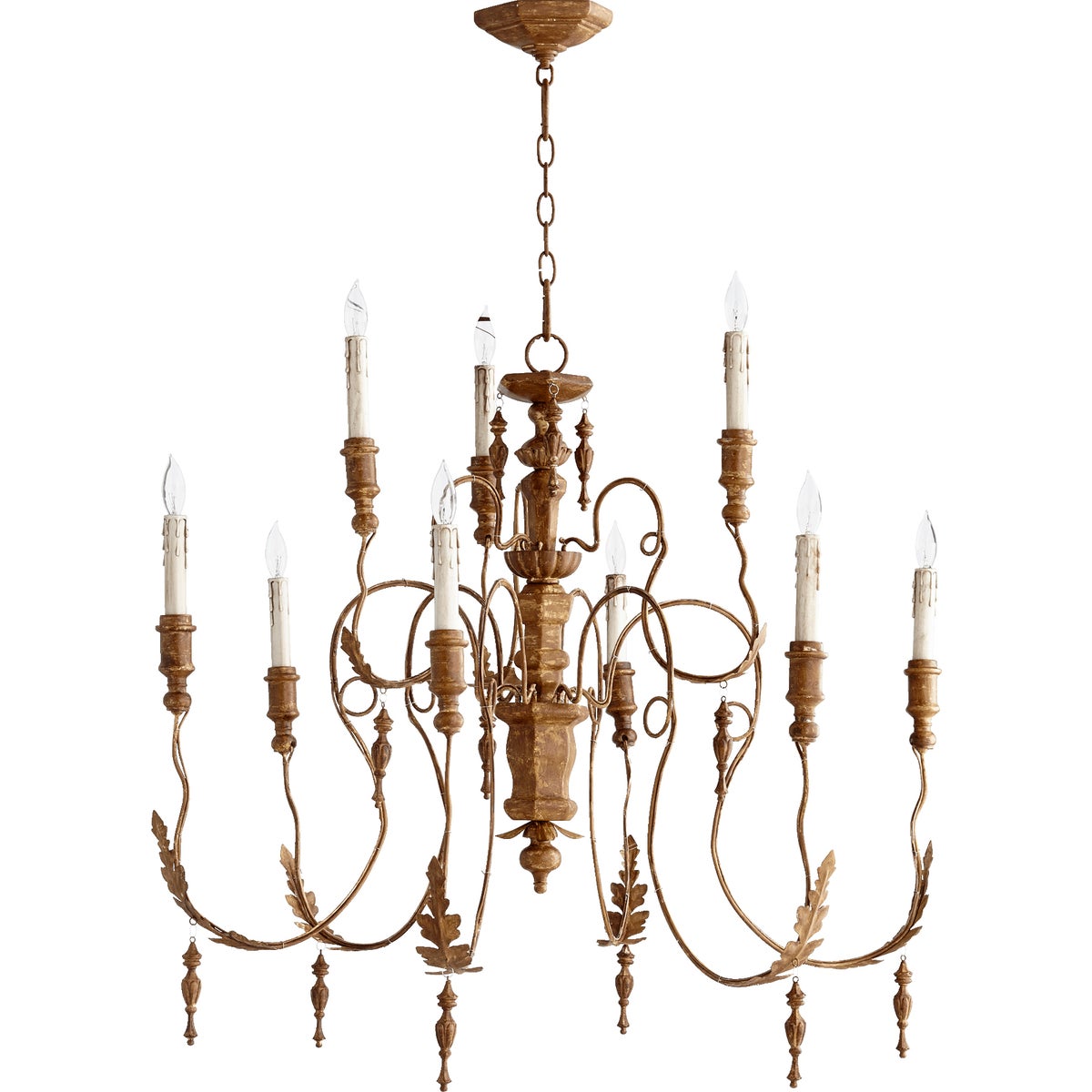 Italian Chandelier with candlestick-styled lights, leaf motifs, and imperfect asymmetry, celebrating the region's rich history of Baroque and Rococo architecture.