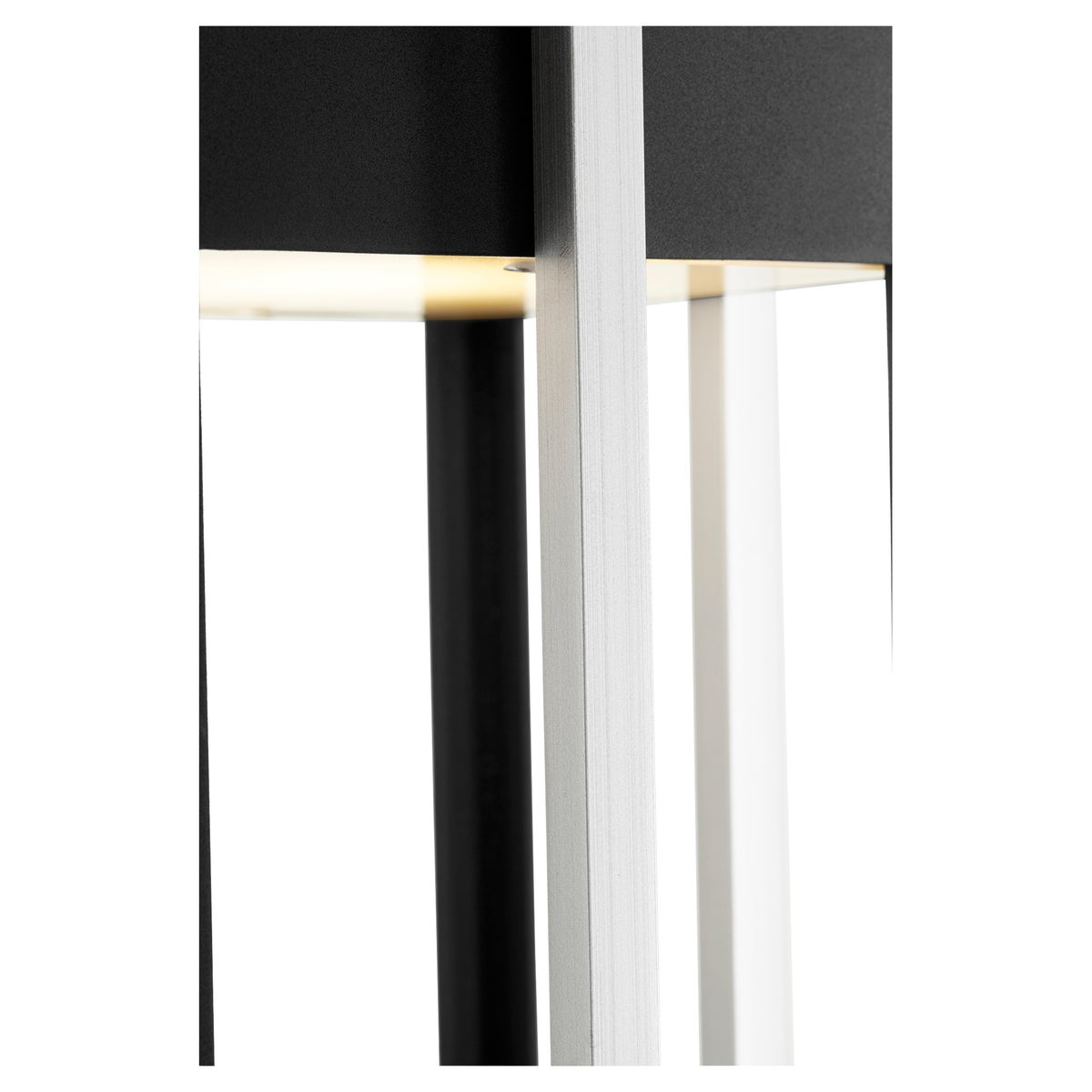 LED Outdoor Post Light with a unique geometric design, featuring a dual-layered frame in a two-toned noir/satin nickel finish. Provides guiding light for guests in contemporary outdoor settings. 7"W x 21.63"H. 11W LED, 465 lumens, 3000K color temperature. UL Listed for wet locations. 2-year warranty.