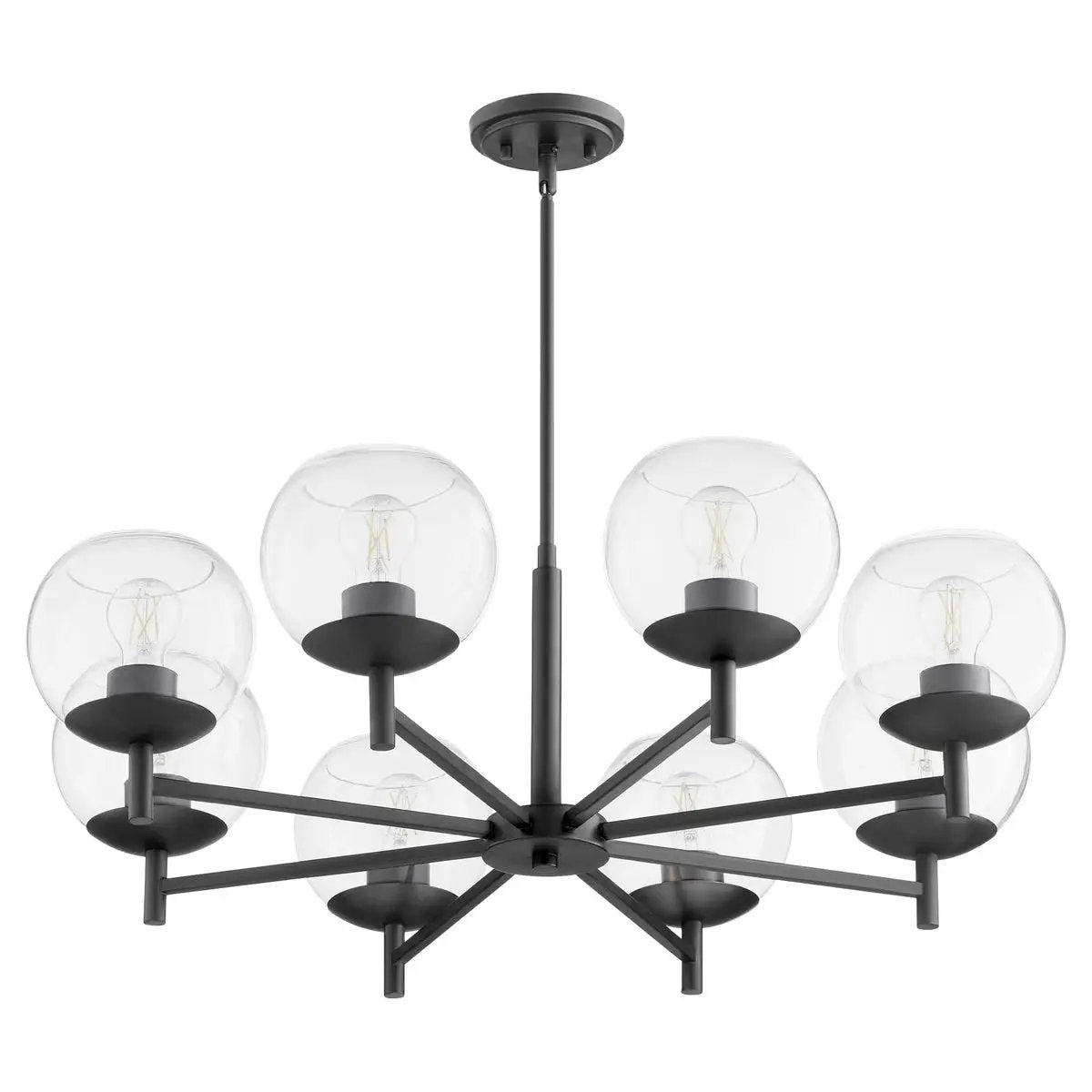 Mid Century Modern Chandelier with clear lights and rounded casings, showcasing subtle, stylized design. Strong angles and bold lines complement rounded profiles. Matte Black finish. Perfect for kitchens, dining rooms, living rooms, or entry foyers. 34"W x 11"H. 8 bulbs, 60W, Medium E26 base. Dimmable. UL Listed. 2-year warranty.