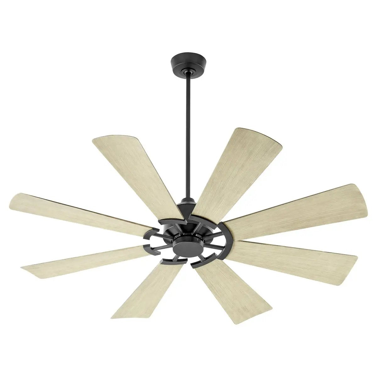 A modern ceiling fan with 8 blades, perfect for mid-sized and larger spaces. Damp listed for outdoor covered areas. Elevate your space with this Quorum International fan.