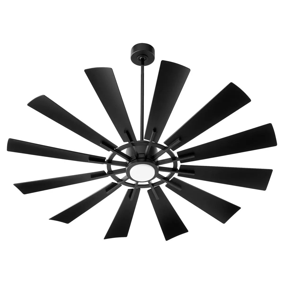 Outdoor Ceiling Fan with Light, featuring a multi-blade system attached to a dark chromatic housing motor and iron elements. Designed for high-performance outdoor air circulation. 6-speed options. UL Listed for damp locations. 12 blades, 60" span, 14-degree pitch. LED lamp included.