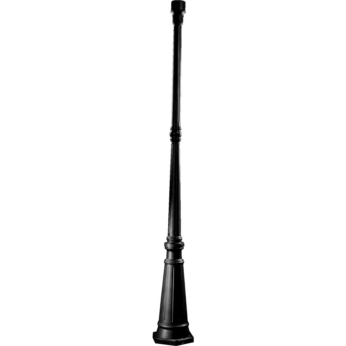 Outdoor Lamp Post with cast aluminum base, 73" tall. Compatible with 3" outdoor post lights. Durable and weather-resistant for wet locations. Easy ground mount installation. Add security to your lawn, patio, or porch. UL Listed. Wet Location safety rating. Gloss Black finish. 9.5"W x 73"H.