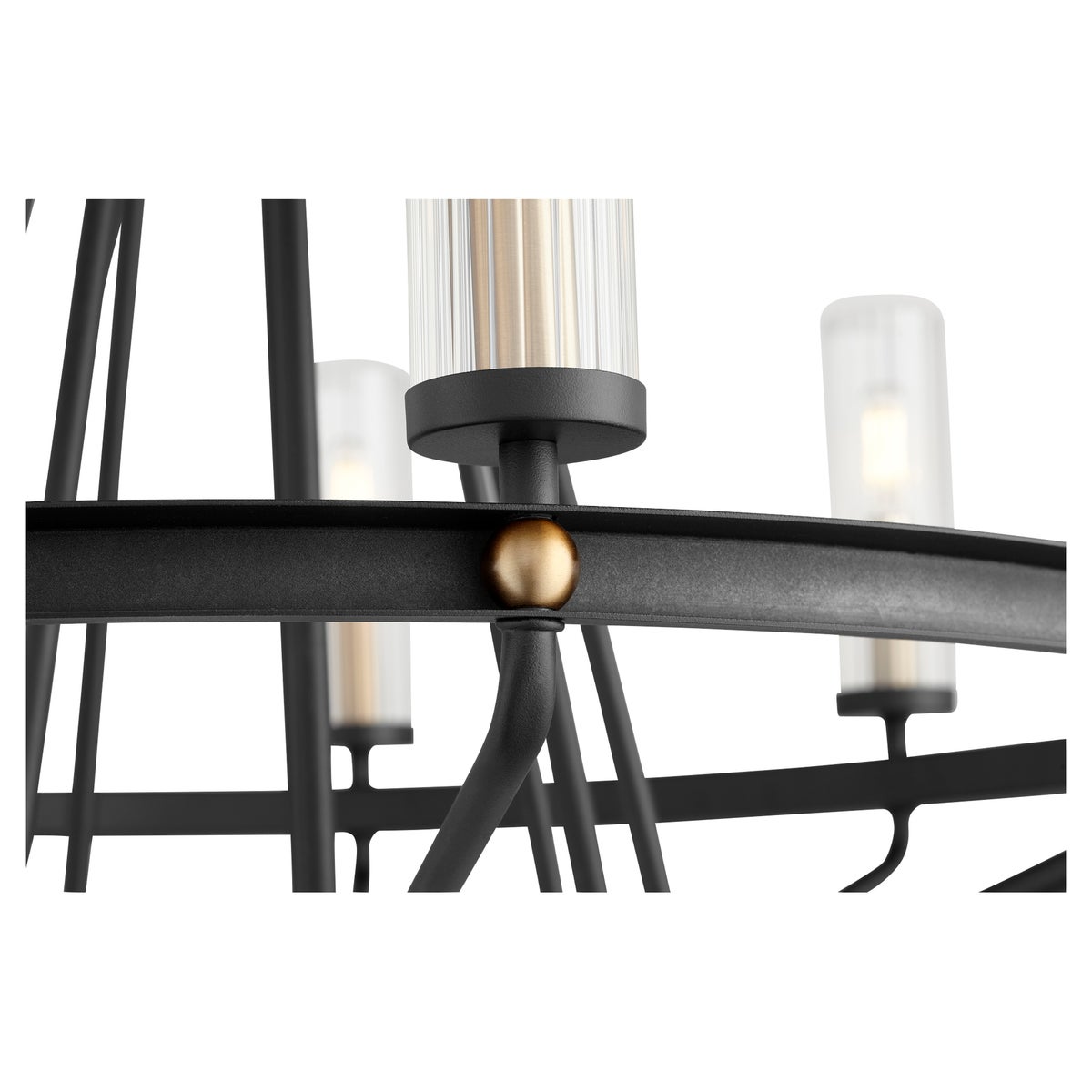 A black chandelier with clear glass bulbs, exuding interior extravagance. Enhance any space with this modern ring chandelier's radiant lighting quality. Quorum International's Ring Chandelier, 30"W x 25"H, 9 bulbs, dimmable, UL Listed.