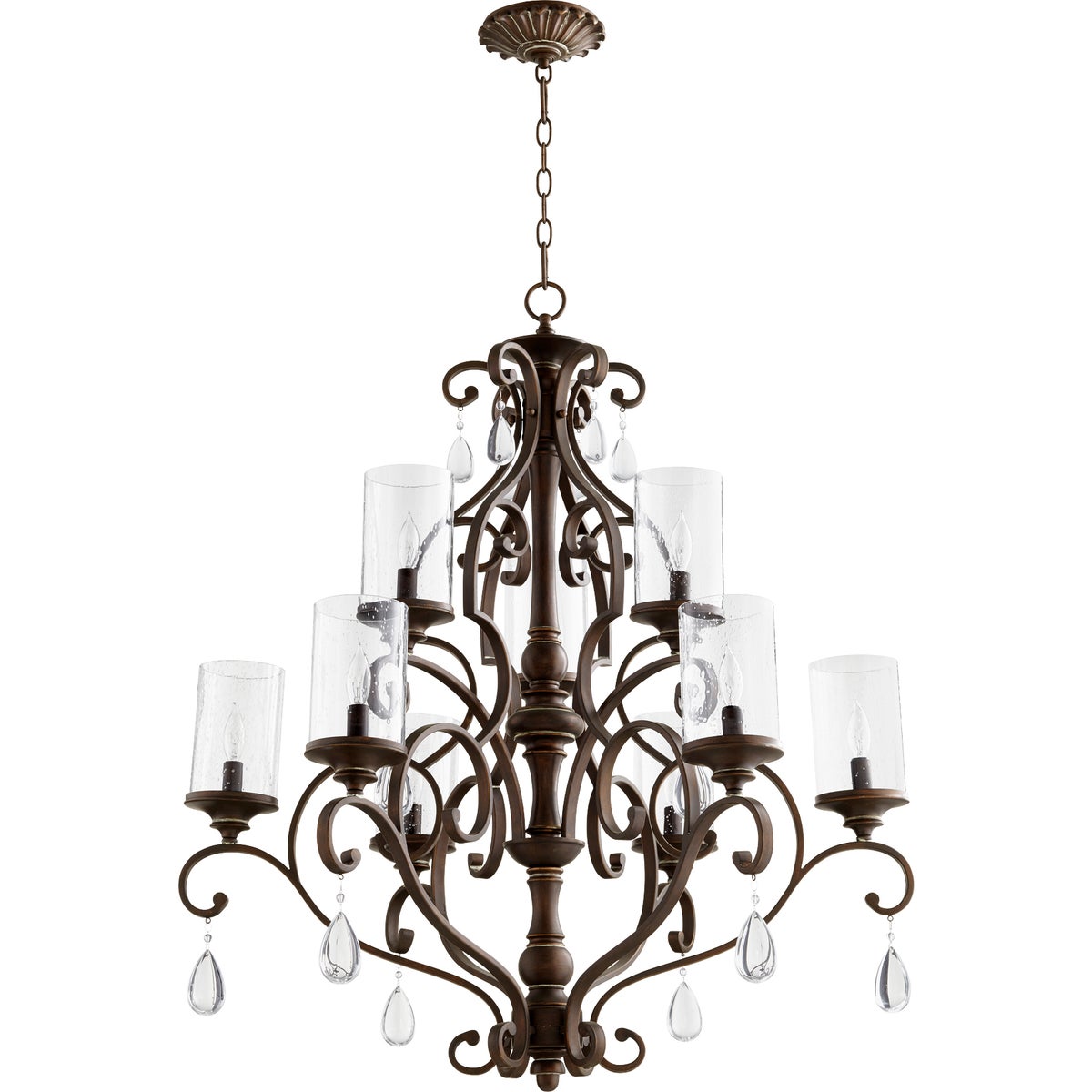 Spanish Chandelier with clear glass shades and curved arms, exuding traditional elegance and updated appeal. Add a touch of class to your space.