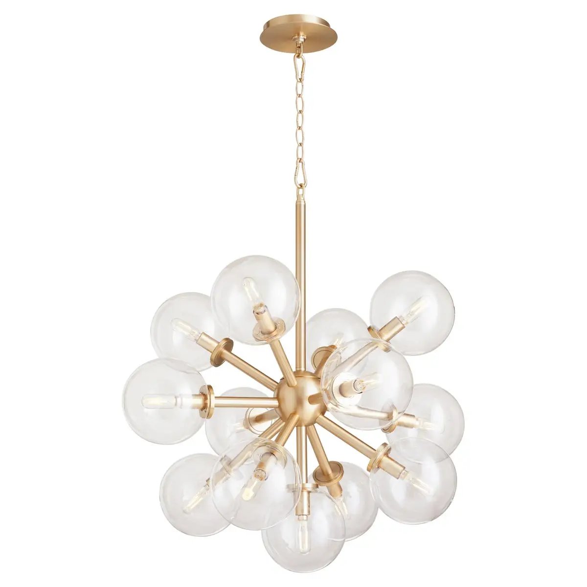 Sputnik chandelier with clear glass domes and aged brass frames, adding mid-century modern appeal. 13 bulbs, 60W, dimmable. UL Listed. 26"W x 22"H.