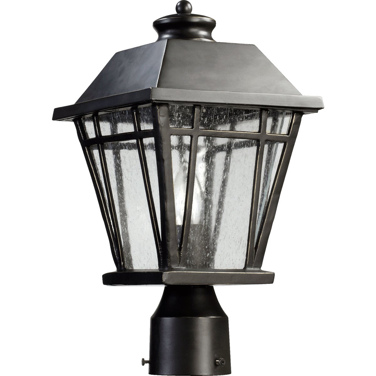 Traditional Outdoor Post Light with clear glass panes and a vintage frame. Adds rustic charm to your outdoor space. Old World finish and decorative curve complete the timeless design. Perfect for wet locations. 8"W x 15"H. 100W. UL Listed. 2-year warranty.